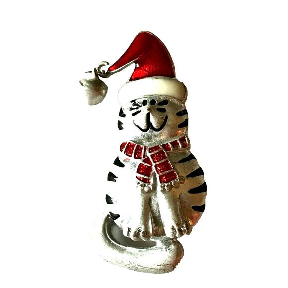 Vtg Santa Christmas Kitty Cat Brooch Pin Red Hat Scarf Bell Silver Plated Enamel - Picture 7 of 9